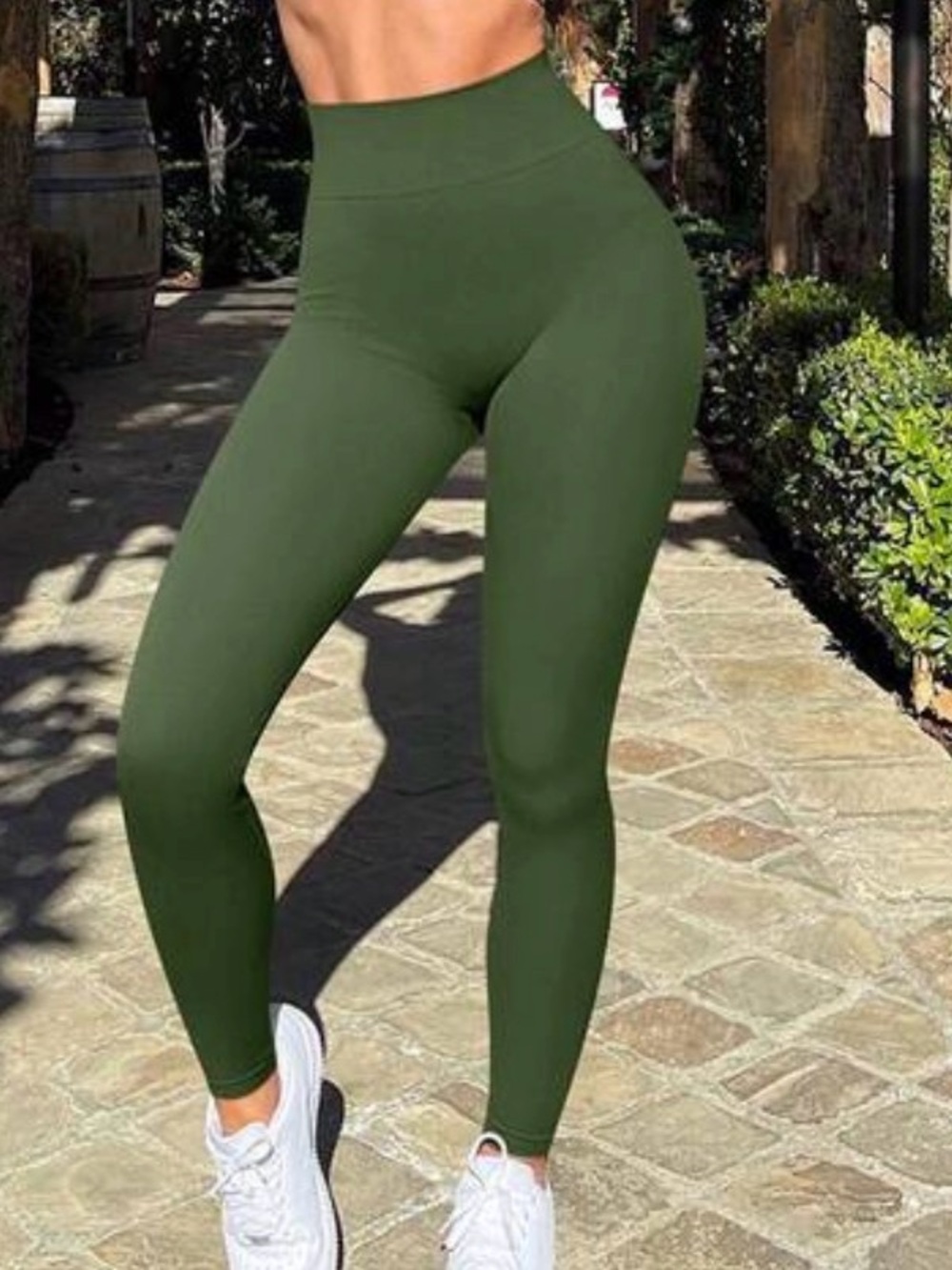 OQQ High-Waist Olive Green Women's Ribbed Leggings